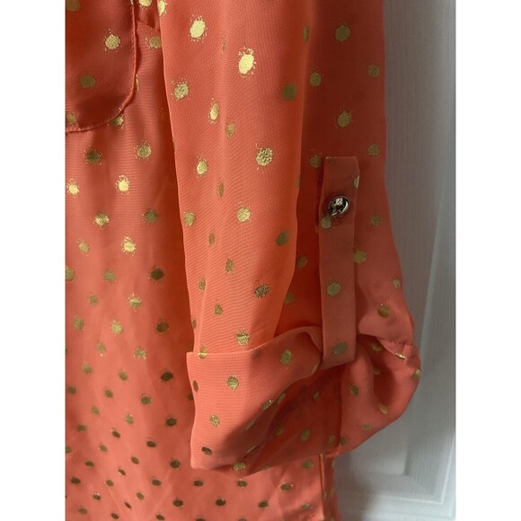 New Directions Blouse Button Roll Tab Sleeve Womens Med Orange Gold Dot Pockets - Picture 6 of 6